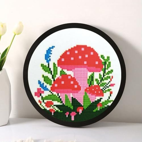 Stamped Cross Stitch Kit for Adult Beginner Easy Starter Cross Stitch Set with Pre-printed Mushroom Flower Plant Pattern Embroidery Cloth Floss Hoop and Instructions Fun Needlepoint Project Kit