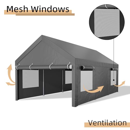 JY QAQA Carport, 12x20 FT Heavy Duty Carport with Roll-Up Window and Sandbags, Portable Garage with Removable Side Walls and Doors, Car Canopy with All-Season Tarp for Cars, Trucks, Boats, Grey JY QAQA PET