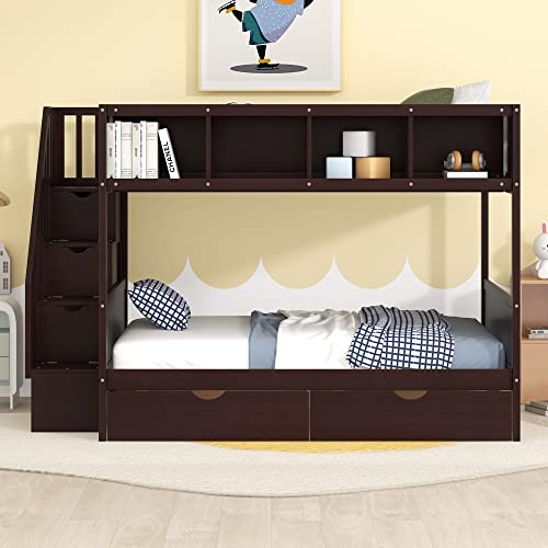 Harper & Bright Designs Twin Over Full Wood Bunk Bed with Drawers and Built-in Storage Cabinets for Kids Girls Boys,Espresso Harper & Bright Designs