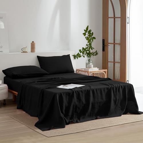 EVERLY Linen Sheets Set Queen Size,100% French Stonewash Pure Linen Sheets Set,4Pieces (1Flat Sheet,1Fitted Sheet,2Pillowcase) Suitable for Hot Sleepers,Deep Pocket Natural Bedding Set-Black EVERLY