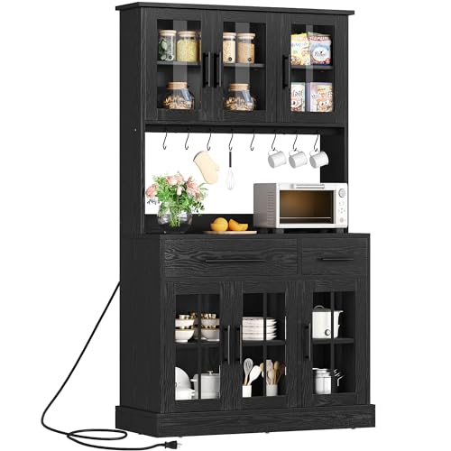 YITAHOME 71'' Kitchen Pantry Storage Cabinet with Microwave Stand, Tall Freestanding Hutch Cabinet with Power Outlet, Pantry Cabinet with Buffet Cupboard, Drawers and Acrylic Doors for Home, Black YITAHOME