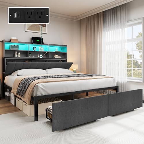 YITAHOME Queen Bed Frame with 2-Tier Storage Shelves and Bookcase Headboard,LED Light Queen Size Bed with Charging Station, No Box Spring Needed/Noise Free, Dark Gray YITAHOME