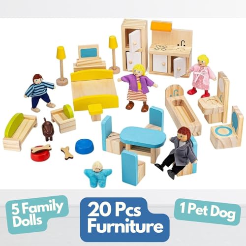 PIDOKO KIDS Skylar Wooden Dollhouse - Includes 20 Pcs Furniture Accessories, 5 Family Dolls and a Pet Dog - Wood Doll House for 3 4-5 Year Old Girls Pidoko Kids