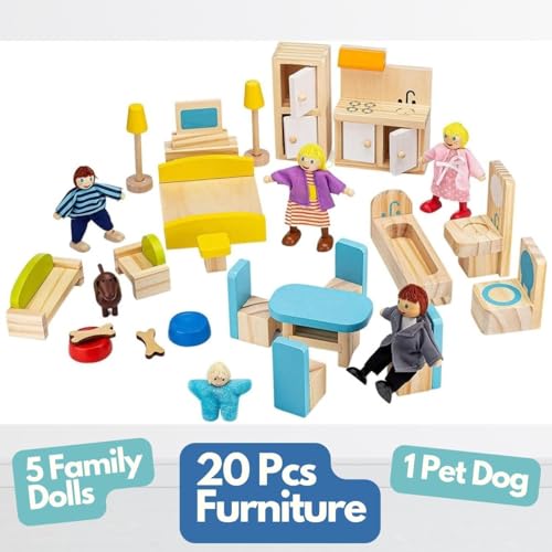 PIDOKO KIDS Skylar Wooden Dollhouse - Includes 20 Pcs Furniture Accessories, 5 Family Dolls and a Pet Dog - Wood Doll House for 3 4-5 Year Old Girls