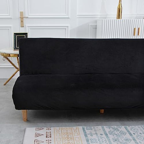 Stretch Futon Cover, Couch Cover for Futon, Armless Sofa Cover, Foldable Sofa Bed Slipcover Without Armrest, Universal Thick Sofa Slipcovers Furniture Protector for Kid, Pet(Velvet Black,Medium) SHEKAKO