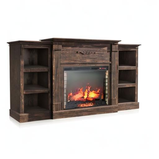 BELLEZE Modern 70" Electric Fireplace Heater Mantel TV Stand & Media Entertainment Center for TVs up to 68" with Energy-Efficient Heater With Sound and Side Book Shelves - Lenore (Brown) BELLEZE