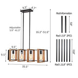 Dining Room Light Fixture Farmhouse Pendant Lights Kitchen Island Rustic Kitchen Light Fixtures 4 Lights Wood and Black Metal Rectangular Chandelier Ceiling Hanging Lighting 35.4" Poroulux