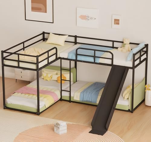 AiHMEi Metal Bunk Beds with Slide L-Shape Bunk Bed with Length Guardrail and Ladder for 4 Twin(78.74" x 35.43") Over Twin Bunk Bed Frame for Boys Girls Teens, Black AiHMEi