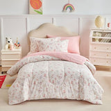 Joyreap 6pcs Cotton Comforter Sheet Set for Girls, Twin Size Bed in a Bag, Pink Floral Design, Soft n Cozy Kids Bedding Comforter Set for All Season- 68x88 inches Joyreap