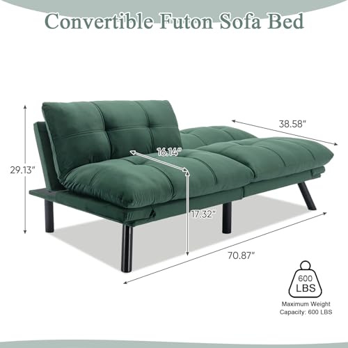 Convertible Velvet Futon Sofa Bed, Comfy 72" L Sleeper Couch with Thicker Cushion, Upholstered Modern Reclining Loveseat Folding Sofa for Small Living Room, Dorm, Apartment, Office, Emerald Antetek