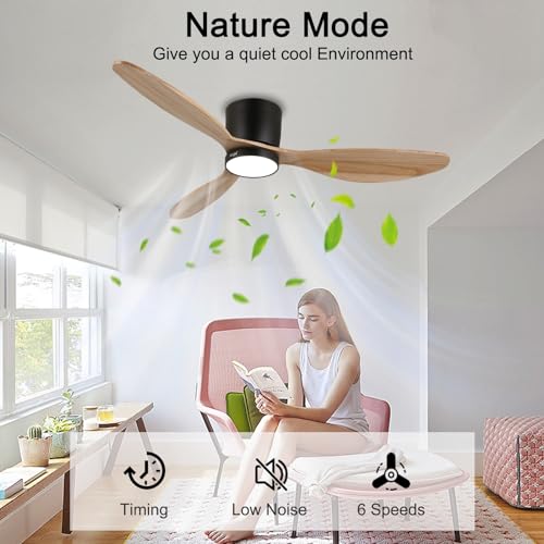 reiga 52" Natural Wood Ceiling Fan with Light and Remote, 3 Blade Flush Mount Low Profile Ceiling Fan for Bedrooom Living Room, Quiet DC Motor reiga