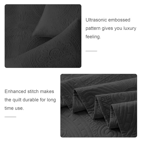 WURUIBO King/Cal King Quilt Set Black,Ultrasonic Embossed Bedspread, Lightweight Microfiber Coverlet, Modern Thin Bedding Set for All Season, 3 Piece(1 Quilt,2 Pillow Shams) WURUIBO