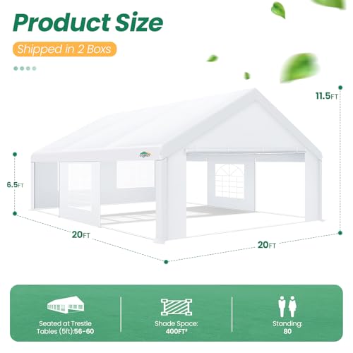 COBIZI 20x20 Party Tents Heavy Duty Tent, Tents for Parties with 6 Removable Sidewalls & 4 Built-in Sandbags, Wedding Tent for Party Outside UV50+ Waterproof, White COBIZI