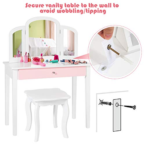 Costzon Kids Vanity, Girls Vanity Set with Tri-Folding Mirror, Stool, Storage Drawer, Princess Toddler Makeup Vanity Desk Dressing Table, Wooden Kids Vanity Table and Chair Set (White) Costzon