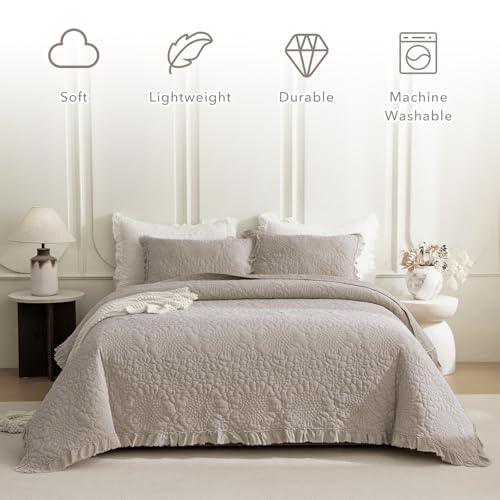 QSH 3PCs Linen Feel Oversized King Quilt Bedspread Set(120"x120"),Stonewashed Cotton Ruffled Quilt California King,Ultra Soft Lightweight Crinkle Shabby Bedspread Coverlet Bedding Set for All Seasons QSH