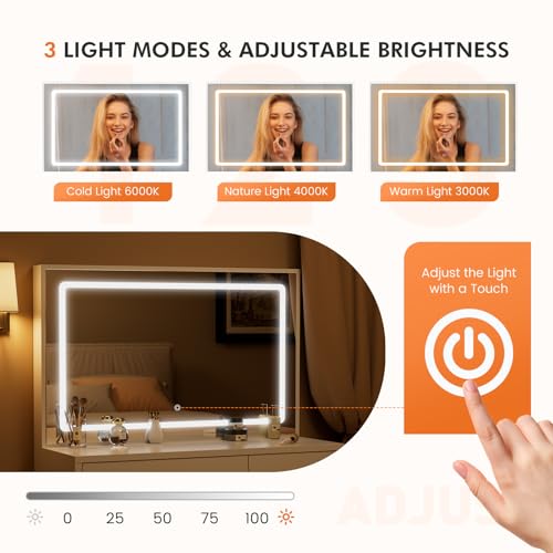 Sweetcrispy Vanity Desk with 35.4" LED Mirror and Lights, Makeup Vanity Table with Charging Station (2AC/USB/C), 2 Drawers & Large Cabinet, 3 Lighting Color Adjustable, Modern Dressing Table, White Sweetcrispy