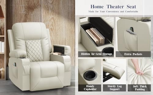 FURNIMAT Recliner Chairs for Adults, Massage Rocker with Heated Modern Ergonomic Lounge 360 Degree Swivel Single Sofa Seat Living Room Lounge Recliners Ivory White