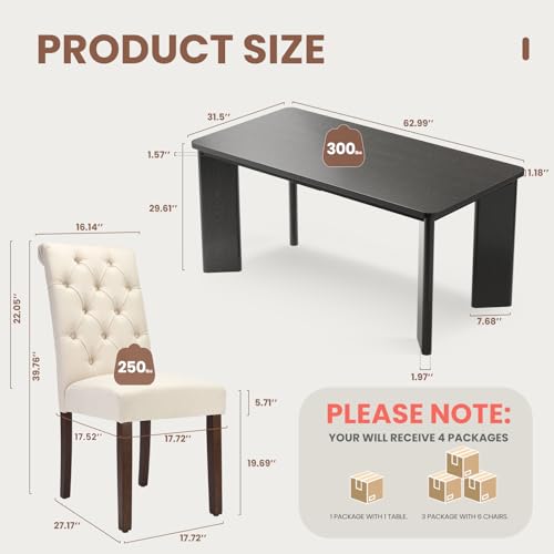 MALOL 7-Piece Rectangular Dining Table Set for 6, 63" Industrial Kitchen Table with 6 Tufted Parsons Dinner Chairs for Dining Room, Kitchen, Living Room, Black+Beige MALOL