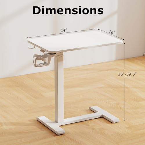 Tangkula Mobile Standing Desk, Pneumatic Height Adjustable Rolling Desk with Cup Holder & Headphone Hook, Overbed Table with Hidden Wheels, Laptop Computer Cart for Couch, Home, Office (White) Tangkula
