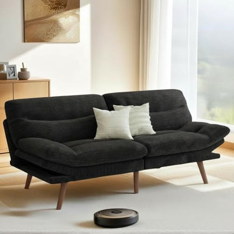 Pipishell Futon Sofa Bed, 66 Inch Corduroy Futon Couch Convertible with Adjustable Backrest and Armrests, Recliner Sleeper Sofa for Small Spaces, Living Room, Office, Guest Room (Black, 66 Inch) Pipishell