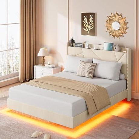 Garvee Queen Size Floating Bed Frame with RGB LED Lights and Charging Station, Upholstered Platform Bed with Storage Headboard and Button Tufted Design, No Box Spring Needed, Beige Garvee