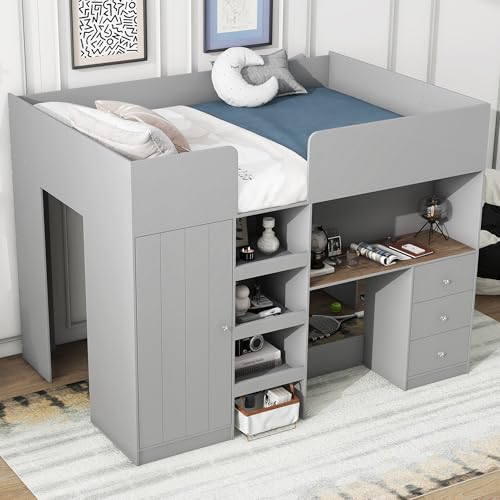 Harper & Bright Designs Full Size Loft Bed with Desk, Wood Full Loft Bed Frame with Built-in Wardrobe, Storage Shelves and Drawers, Gray Harper & Bright Designs
