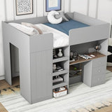 Harper & Bright Designs Full Size Loft Bed with Desk, Wood Full Loft Bed Frame with Built-in Wardrobe, Storage Shelves and Drawers, Gray Harper & Bright Designs