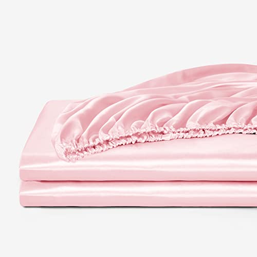 NSGZ Satin Fitted Sheet Twin, Single Silky Fitted Sheet Only Soft Deep Pocket Bottom Bed Sheets, Wrinkle Free & Fade Resistant & Breathable Bottom Sheets- Pink NSGZ