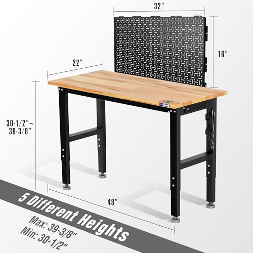 WORKPRO 48" Adjustable Garage Workbench, with Rubber Wood Top & Power Outlets + 2 Pack 16”x 32” Metal Pegboard, 1500 LBS Load Capacity Hardwood Worktable with Leveling Foot, for Workshop, Garage WORKPRO