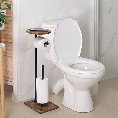 Toilet Paper Stand Tissue Holder Farmhouse Toilet Roll Paper Stand with Shelf Bath Paper Organizer Free Standing Tissue Paper Dispenser Floor Paper Roll Holder with Reserve for Bathroom, Wood