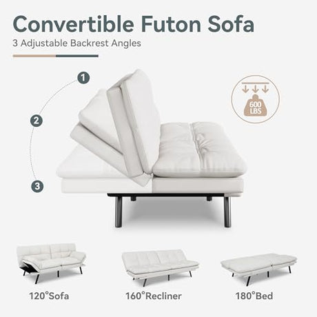 AMICLIBER Futon Sofa Bed Convertible Couch, White Faux Leather Sofa Bed with Memory Foam, Adjustable Backrest & Armrests, Multifunctional Small Loveseat Sleeper Sofa for Living Room, Apartment, Office AMICLIBER