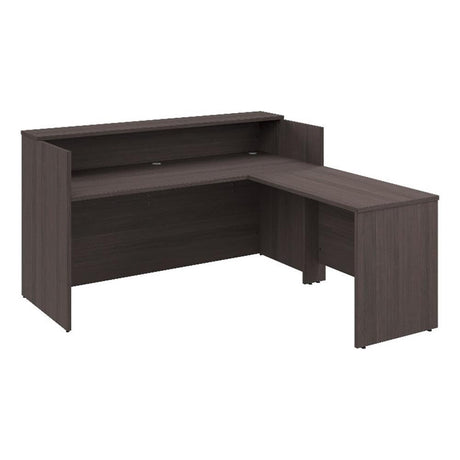 Bush Business Furniture Arrive 72W x 72D L Shaped Reception Desk with Shelf in Natural Elm, Modern Receptionist Station for Office Waiting Room Bush Furniture