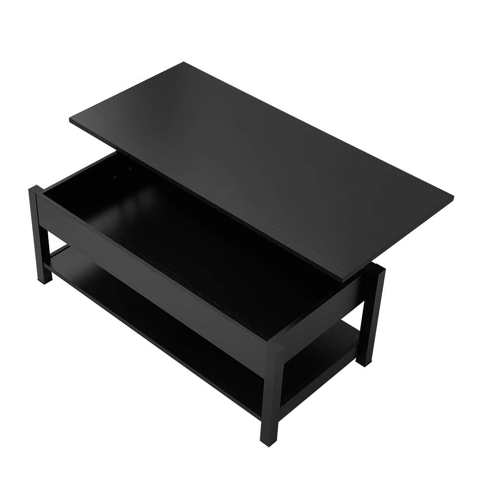 Panana Lift Top Coffee Table with Hidden Compartment & Open Storage Shelf, Lift Tabletop Farmhouse Table Pop Up Table for Living Room,Home Office Reception, (Black) Panana