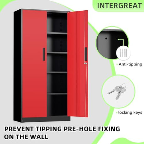 Bonusall 72" Metal Garage Storage Cabinet - 900lbs Heavy Duty Steel Cabinet with 3-Point Locking System & 4 Adjustable Shelves, Lockable Tall Storage for Garage, Office, Warehouse - Black & Red Bonusall