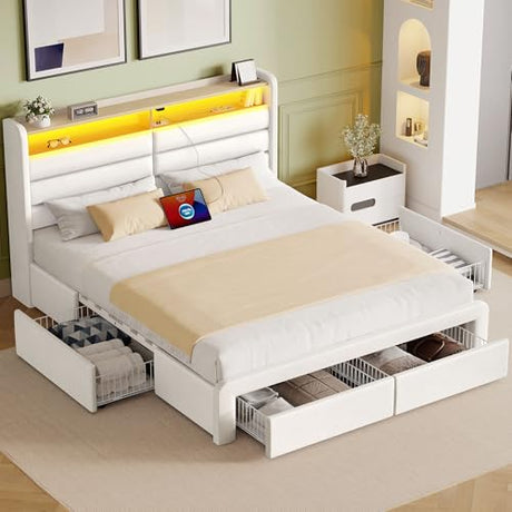 Seventable Full Size Bed Frame with 4 Storage Drawers & Charging Station, Upholstered Platform Bed with Storage Headboard and LED Light, No Box Spring Needed, Noise Free, Easy Assembly, Cream White Seventable