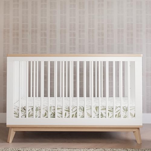 Babyletto Scoot 3-in-1 Convertible Crib with Toddler Bed Conversion Kit in White and Washed Natural, Greenguard Gold Certified babyletto