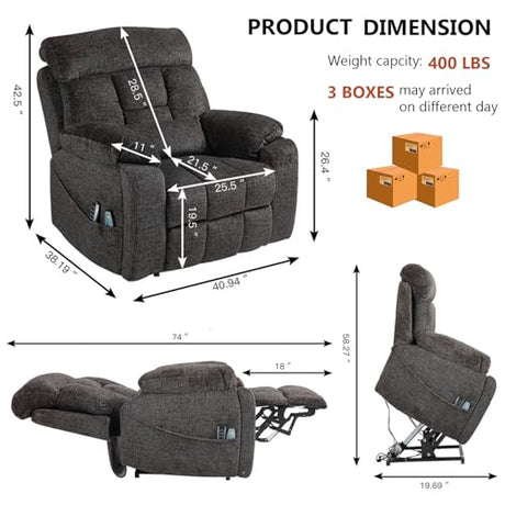FuPatio 4 Motor Power Lift Recliner Chair for Elderly, 400LBS Big Man Oversized Lay Flat Recliner with Massage Heat, Zero Gravity Electric Lift Chair, Adjustable Headrest, Cup Holders,Dark Grey FuPatio
