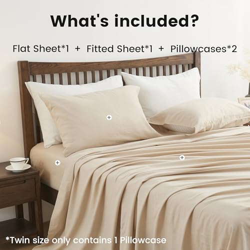 Simple&Opulence Belgian Linen Sheet Set Solid Color - 4 Pieces (1 Flat Sheet, 1 Fitted Sheet & 2 Pillowcases) Natural Flax Cotton Blend Soft Breathable Farmhouse Bedding - Full Size, Linen/Beige Simple&Opulence