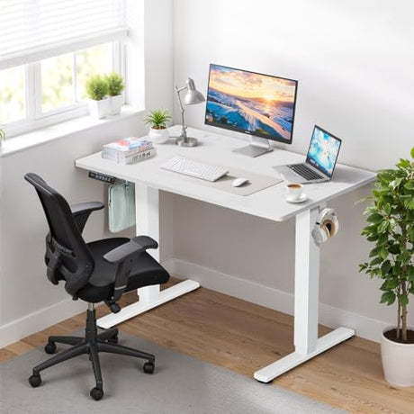 48 x 24 in Electric Standing Desk - Memory Height Adjustable Ergonomic Sit-to-Stand Rising Computer Table Gaming Workstations with 2 Hooks and Wire Hole for Home Office, White SageNest