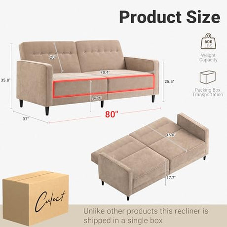Culect 80" L Futon Sofa Bed, 3-in-1 Adjustable Futon Bed for Sitting or Reclining, Suitable for Living Room, Studies and Small Space, Linen Fabric, Beige Culect