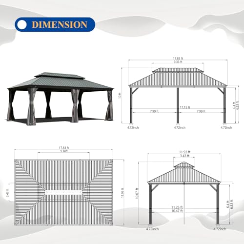 Domi 12x18FT Hardtop Gazebo, Aluminum Outdoor Gazebo with Galvanized Steel Double Roof Canopy, Drainage Gutters, Curtain and Netting, Metal Gazebo Pavilion for Party, Wedding, Dining