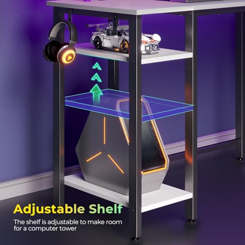 Rolanstar L Shaped Gaming Desk with LED Lights & Power Outlets, 46.2" Computer Desk with Full Monitor Stand & Storage Shelf, Corner Desk with Hooks, White Desk Reversible Rolanstar