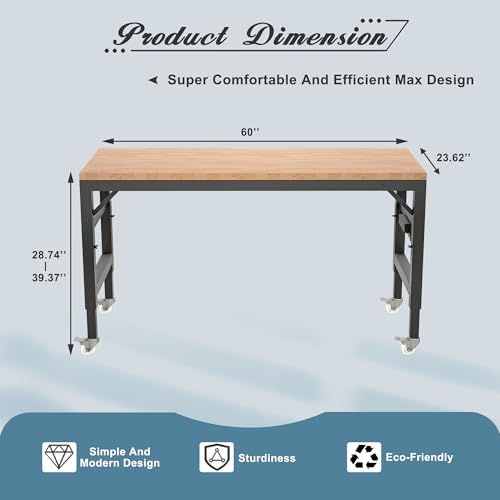 Jaxilyn Workbench 60x24 Inch Height Adjustable Work Bench Table with Power Outlet,Wheels Heavy Duty 2000 LBS Load Capacity Hardwood Workbench Suitable for Workshop, Office, Garage, Home - WoodArtSupply