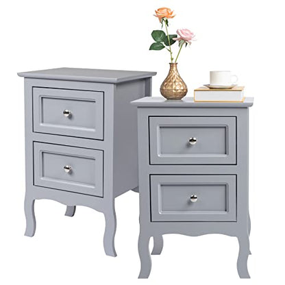 Karl home Grey Nightstand Set of 2 for Bedroom, Vintage Small Night Stand with Drawers, Farmhouse Side Table, Wooden End Tables with Curved Legs for Office, Mid-Century - WoodArtSupply