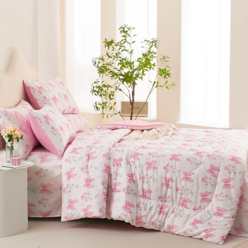 Jolusere Pink Bow Comforter Set Queen Size Pink Floral Comforter for Girls Kids Romantic Princess Style Bowknot Bedding Set Ultra Soft Reversible Garden Flower Comforter Sets with 2 Pillowcases 3Pcs Jolusere
