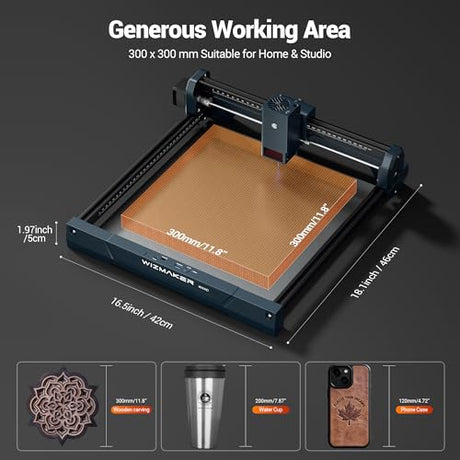 WIZMAKER Wand 12W Laser Engraver, 300×300mm High-Power Diode Laser Cutter for Wood, Leather, Paper, MDF, Felt, Coated Metals, Dark Acrylic, DIY, Small Business Projects WIZMAKER