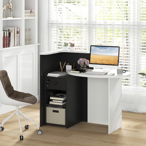 Giantex Reception Desk, Front Counter Desk with Lockable Drawer, Checkout Table with Round Tabletop, Corner Shelf & Adjustable Shelf for Office Beauty Salon Retail Store (Black & White)