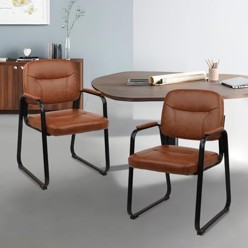 CLATINA Waiting Reception Chairs No Wheel, Leather Guest Chair with Padded Arms, Modern Brown Office Desk Chairs with Sled Base for Office Meeting Conference Room Lobby Home Living Room (4 Pack) CLATINA