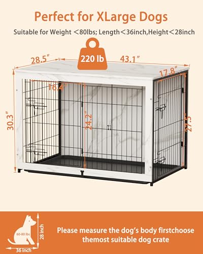 Megidok Wooden Dog Crate Furniture with Cushion,Large Dog Crate End Table with Tray, Double Doors Kennels Indoor (43.1" L*28.6" W*30.3" H, Marble White) Megidok