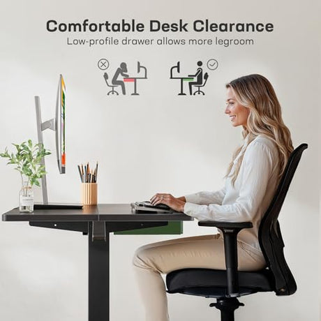 Marsail 48x24 Electric Standing Desk with Drawer, Computer Desk, Sit Stand Office Table with Storage & Hooks & Cable Management, Ergonomic Height Adjustable Table for Home Office, Black Marsail